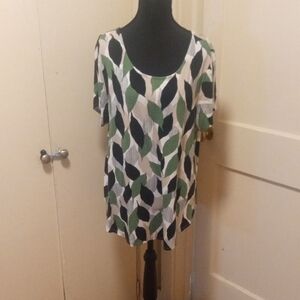 Alfani Green and Black Leaf Print Blouse Short Sleeve